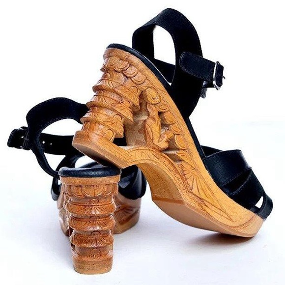Lucky Lou Pagoda Wedge Tiki Wooden Viva Pinup Rockabilly Summer Sandal - Picture 7 of 7